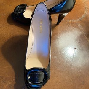 Prada black patent peep toe shoes